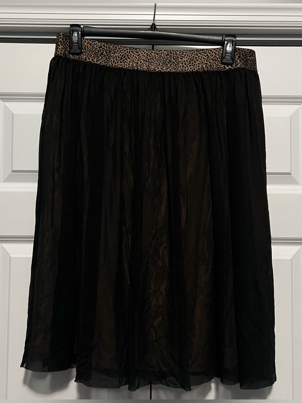 Chico’s Black Chiffon Midi Skirt with Leopard-Print Waistband